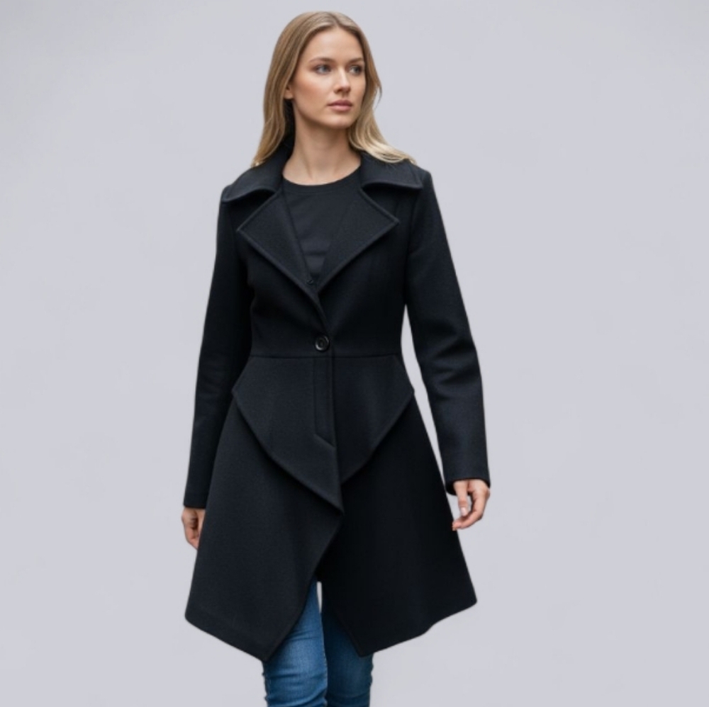 "Bebe" Beautiful Black Button Down Coat Size Small (Missing the Belt)